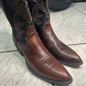 SOLD Larry Mahan Teju Lizard Cowboy Boots Women’s 11B Black Brown Western USA